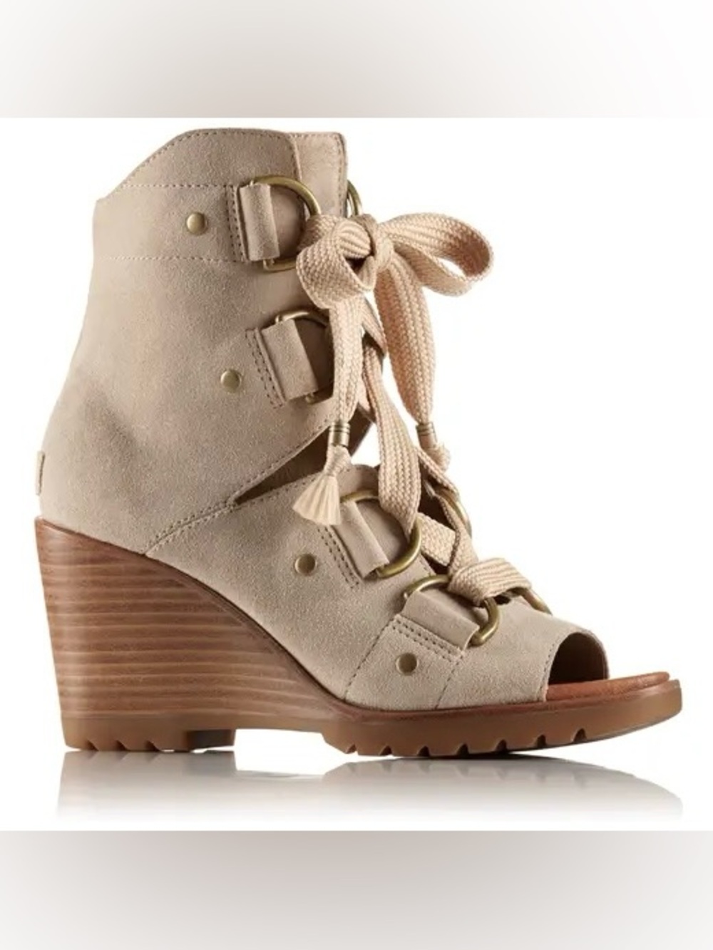 Sorel After Hours Oatmeal Suede Lace Up Peep Toe Wedge Ankle Booties Size 5